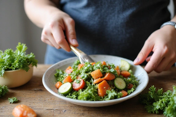 A person preparing a healthy, vibrant salad with fresh ingredients.