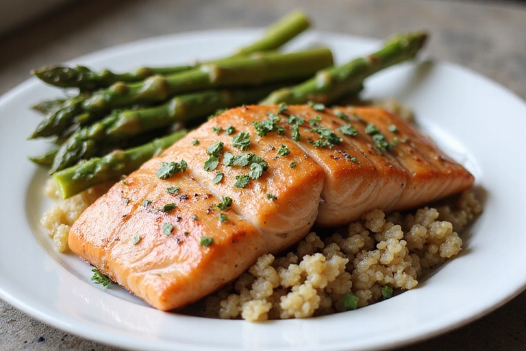 A beautifully plated healthy dinner recipe featuring grilled salmon, quinoa, and roasted asparagus.