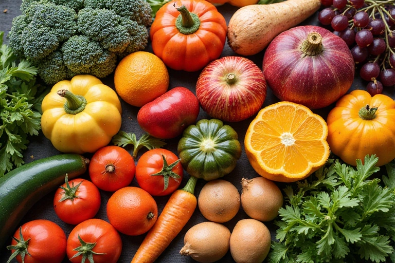 A colorful array of fruits and vegetables, symbolizing a rich source of vitamins and minerals.