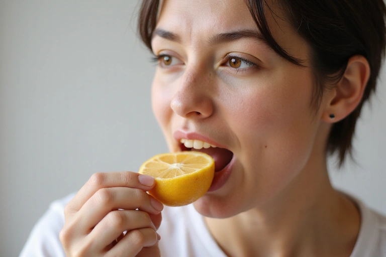 A person mindfully eating a piece of fruit, focusing on the texture and taste, against a soft, blurred background.