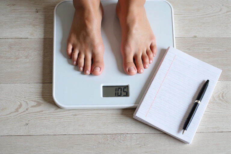 A person weighing themselves on a scale, with a notepad and pen nearby for tracking progress, symbolizing weight management.