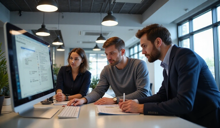 Team collaborating and looking at a screen
