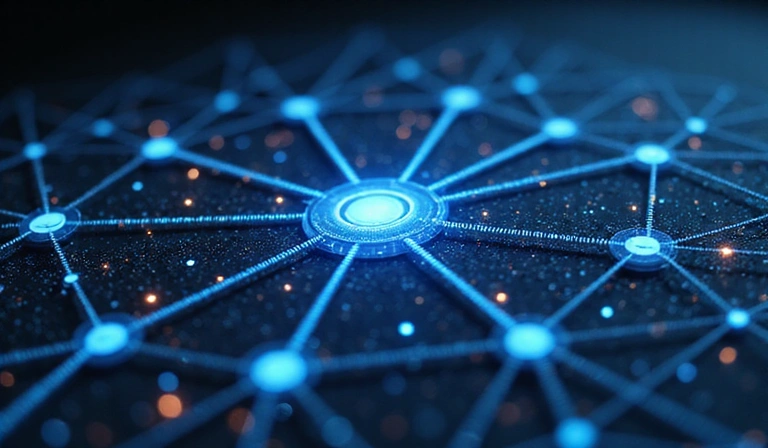 Abstract network of interconnected nodes representing data sharing