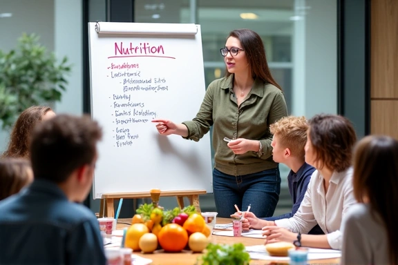 A group of people attending a nutrition workshop, actively engaged in learning about healthy eating.