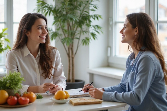 A person consulting with a nutritionist, discussing healthy food choices and a personalized diet plan.